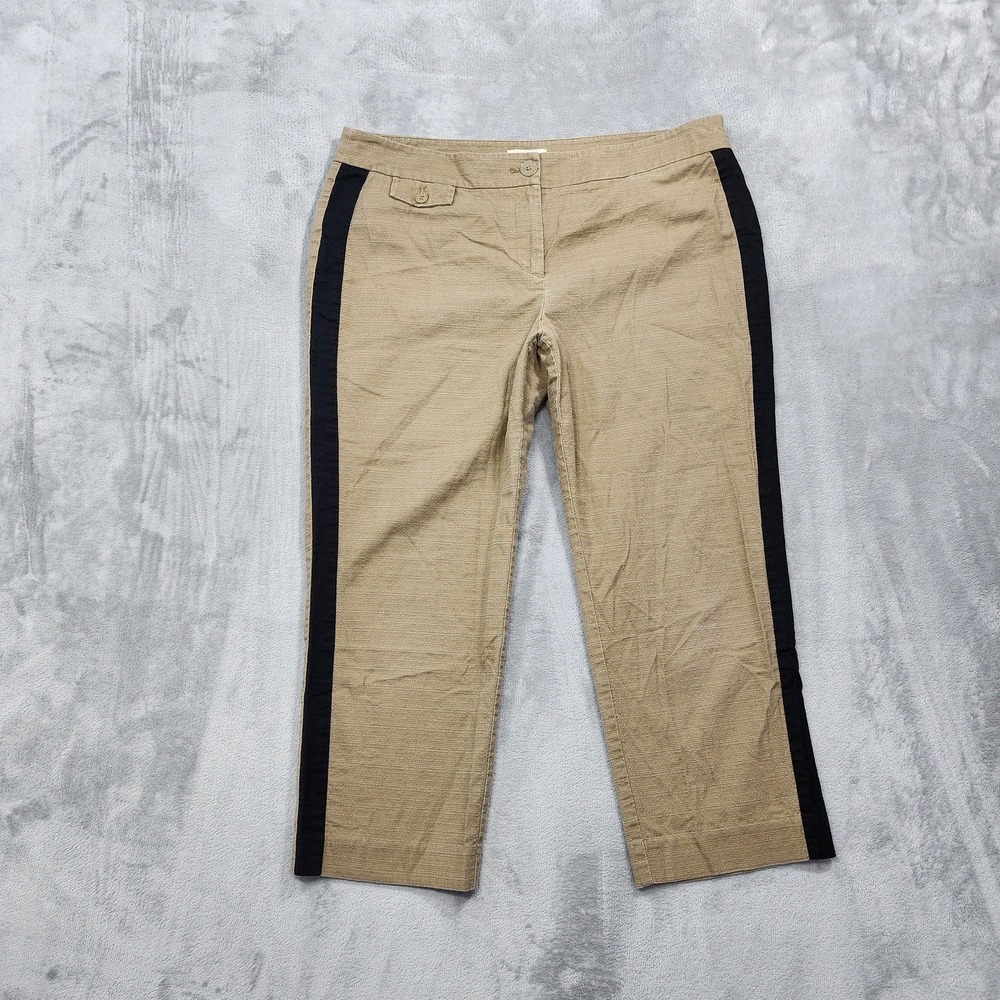 Ann Taylor LOFT Pants Womens 12 Beige Black Tuxedo Stripe Capri Crop Side Office